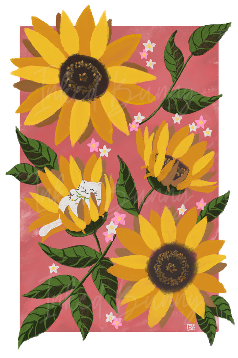 Sunflower Lucky Cat Art Print