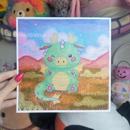 Limited Edition 8”x8” Shimmer Linen Cute Green Dragon Art Print