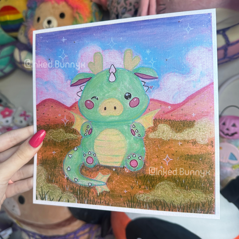 Limited Edition 8”x8” Shimmer Linen Cute Green Dragon Art Print