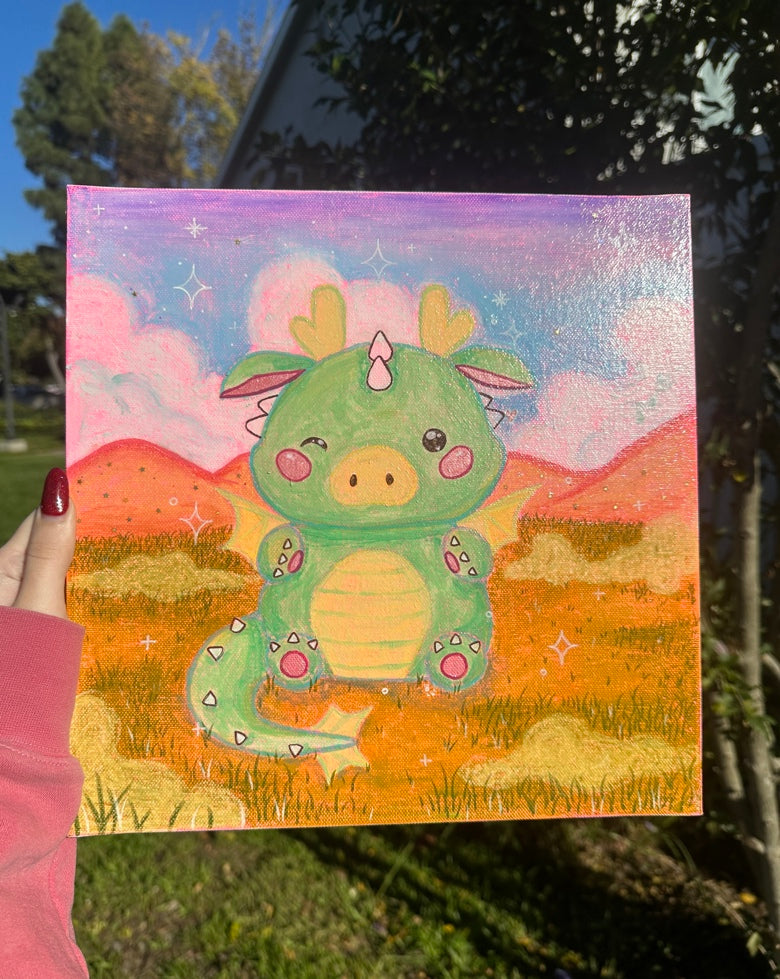 Cute Green Dragon 12” x 12” Flat Canvas Art Piece