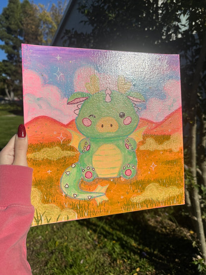 Cute Green Dragon 12” x 12” Flat Canvas Art Piece